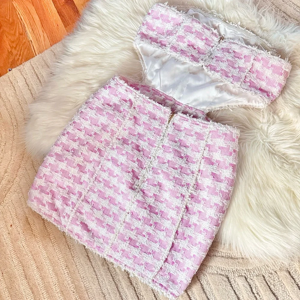 Retrofete Betheny Strapless Cutout Houndstooth Boucle-Tweed Pink Mini Dress
